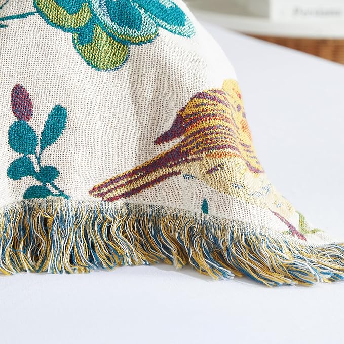Boho Throw Blanket for Bed 80”x90”, 100% Cotton Woven Blanket for Couch Sofa, Ultra Soft 4-Layer Muslin Quilt with Floral Printed, Farmhouse Bed Blanket/Cover for Living Room Decor