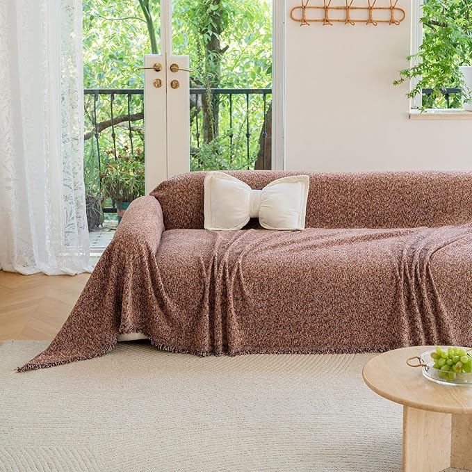 ROOMLIFE Pink Couch Covers for 3 Cushion Couch Sofa, Chenille Sofa Couch Slipcover Sectional Sofas Covers with Tassel, Washable Soft Breathable Furniture Protector Cover for Living Room, 71''X150''
