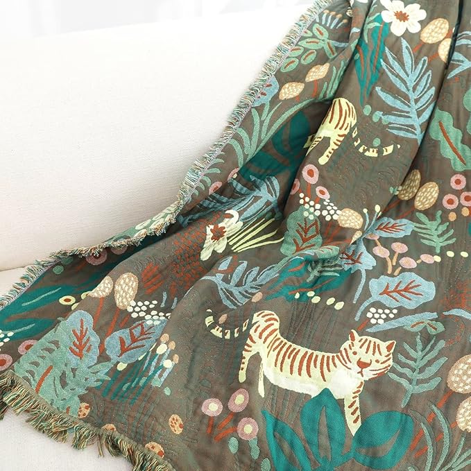Boho Throw Blanket for Bed 100% Cotton Soft Lightweight Quilt Blanket Twin Forest Tiger Embroidery Home Decor Breathable Spring Bed Blankets,60"x80" All Season Throw for Sofa Couch Chair