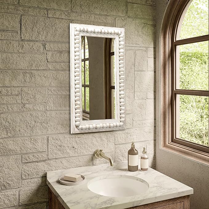 Farmhouse Mirrors for Wall Decor with Beaded Border 24 Inches, Hanging Distressed White Bathroom Mirrors for Vanity, Rustic Wood Framed Rectangular Wall Mirrors Decorative