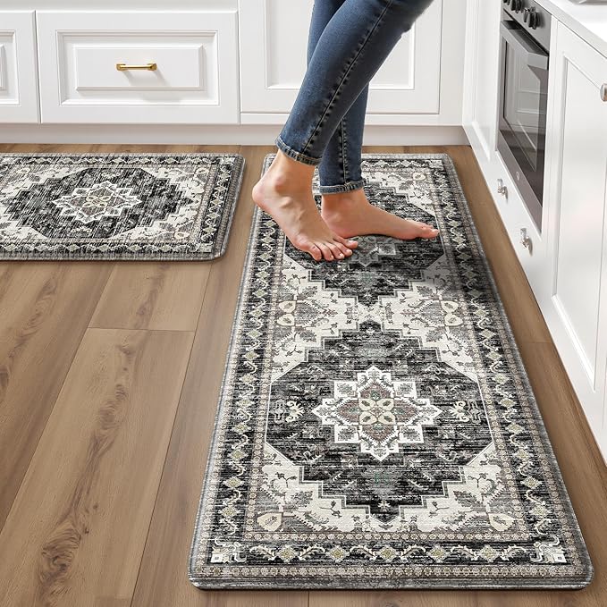 Boho Kitchen Mats for Floor 2 Piece Set Anti Fatigue Cushioned PVC Kitchen Rugs Non Slip Waterproof Farmhouse Mats 2/5 Inch Comfort Standing Mat for Laundry, 17.3"x59"+17.3"x28", Black Brown Grey