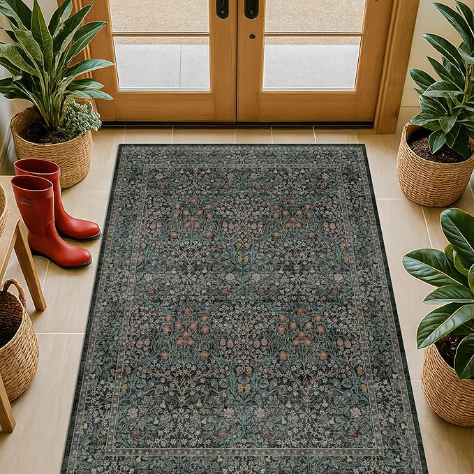 Dark Green Washable Entry Rug, 3x4 Rugs for Entryway Kitchen Bathroom Door Mat Indoor Entrance, Non Slip Rubber Backing, Stain & Fade Resistant, Vintage Floral Design