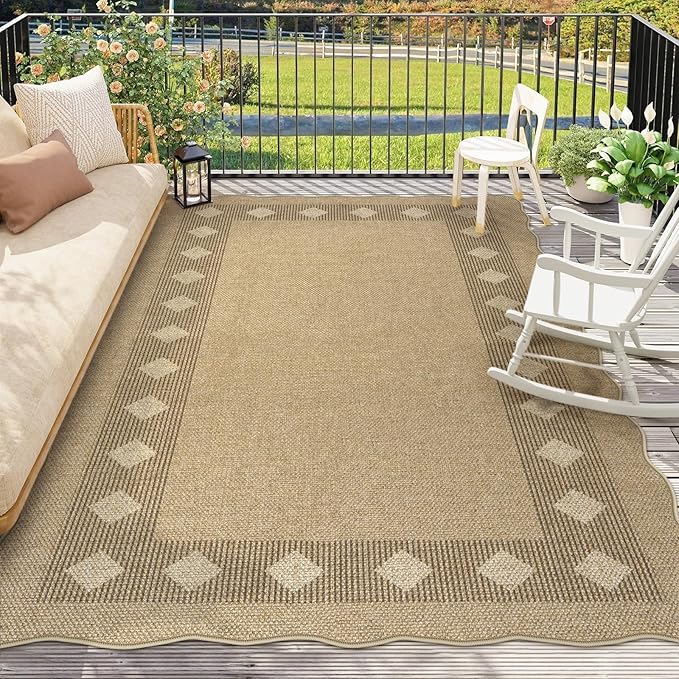 LIVEBOX Scalloped Easy Jute Diamond Outdoor Rug Living Room, Washable 8x10 Farmhouse Tan Rug for Bedroom, Geometric Checkered Indoor Outdoor Rugs Dining Room Mat Carpet Area Rug for Patio Home Office