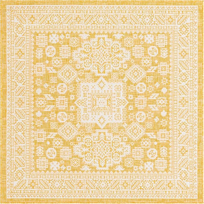 Rugs.com Outdoor Aztec Collection Rug – 8 Ft Square Yellow Flatweave Rug Perfect for Living Rooms, Kitchens, Entryways