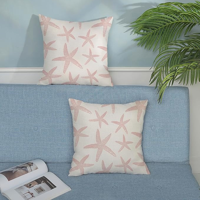 Pink Starfish Pillow Covers 18x18 Set of 2 Coastal Throw Pillows Spring Summer Nautical Ocean Theme Beach Decorative Pillow Cases Farmhouse Outdoor Decor Cushion Case for Home Bedroom