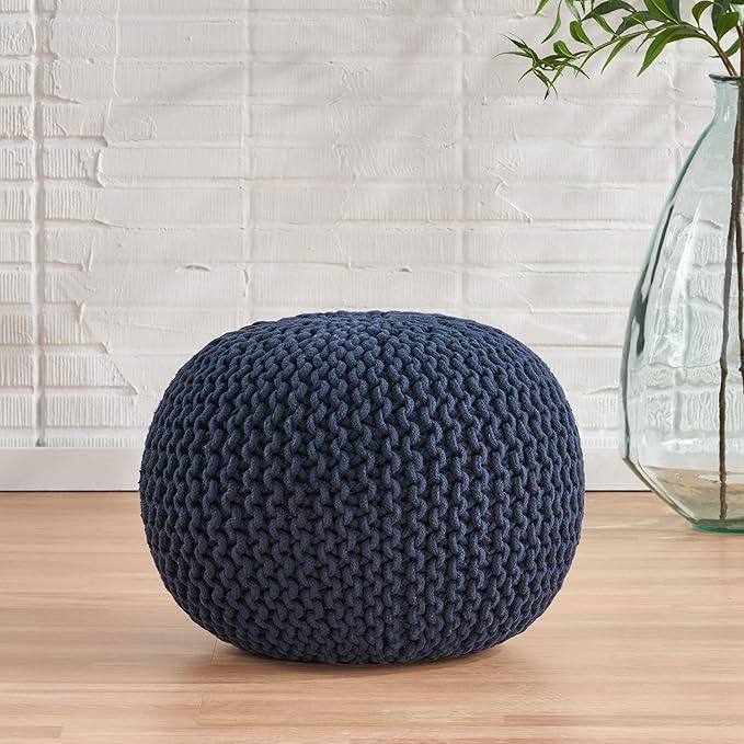 GDFStudio Handcrafted Modern Cotton Pouf Ottoman Foot Stool - Bean Bag Floor Chair - Foot Rest Couch for Living Room Bedroom, Navy