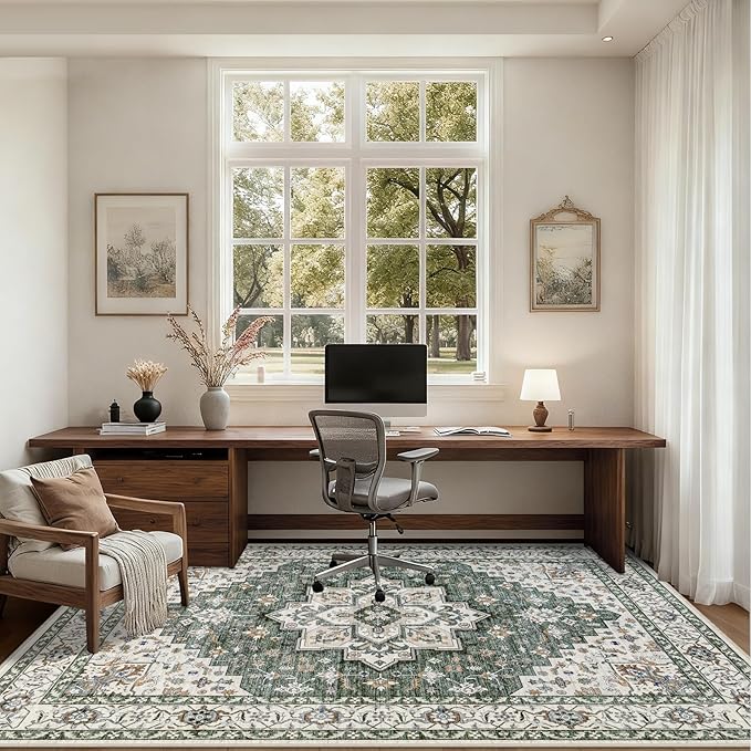 Area Rugs 10x12 Living Room Rug: Washable Rug Soft Vintage Boho Medallion Carpet Indoor Non-Slip Stain Resistant Large Carpets for Bedroom Dining Room Farmhouse Nursery Home Office Green Ivory