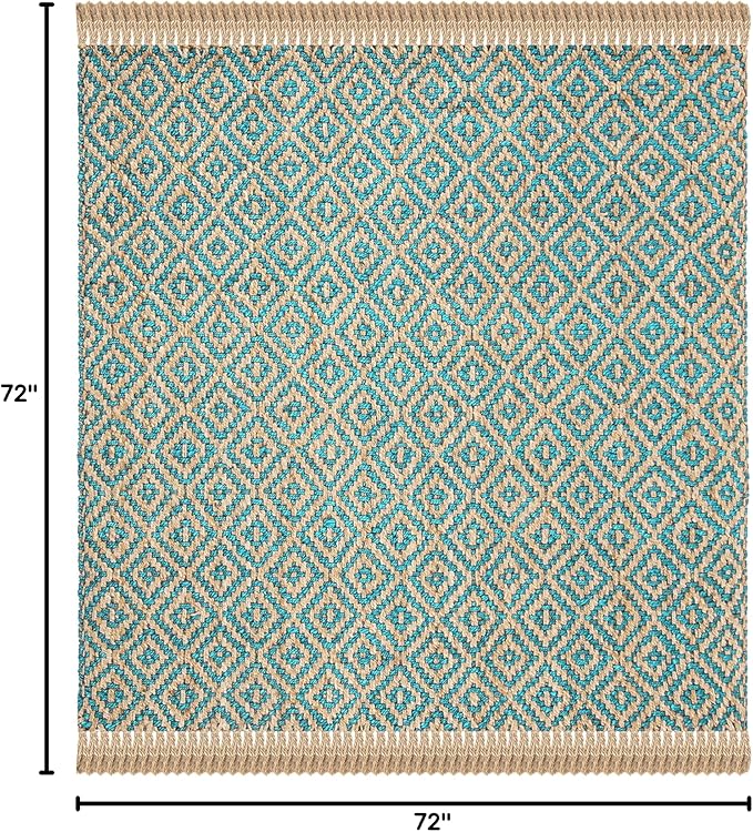 SAFAVIEH Natural Fiber Collection Area Rug - 6' Square, Turquoise & Natural, Handmade Boho Diamond Tassel Jute, Ideal for High Traffic Areas in Living Room, Bedroom (NF266C)
