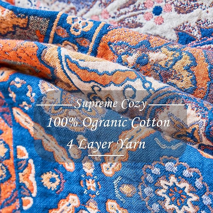 Boho Throw Blanket for Bed Couch 91" x 98", 100% Organic Cotton Skin-Friendly Ultra Soft Quilt Throw - Floral Rustic Living Room Decor Luxury Reversible Blanket for Sofa Chair and Gift