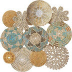 11 Pcs Boho Hanging Wall Basket Decor Handmade Woven Basket Wall Decorative Boho Wicker Baskets Placemats Round Farmhouse Bulrush Art for Rustic Home Decorations Christmas Gift(Bright)