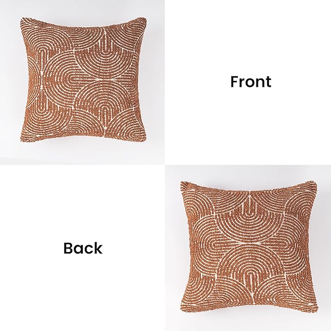 AELS Boho Decorative Textured Throw Pillow Covers 18x18, Organic Modern Mid Century Rainbow Tufted Pillow Case, Farmhouse Rustic Geometric Woven Cushion Case for Bed Couch Sofa, Burnt Orange
