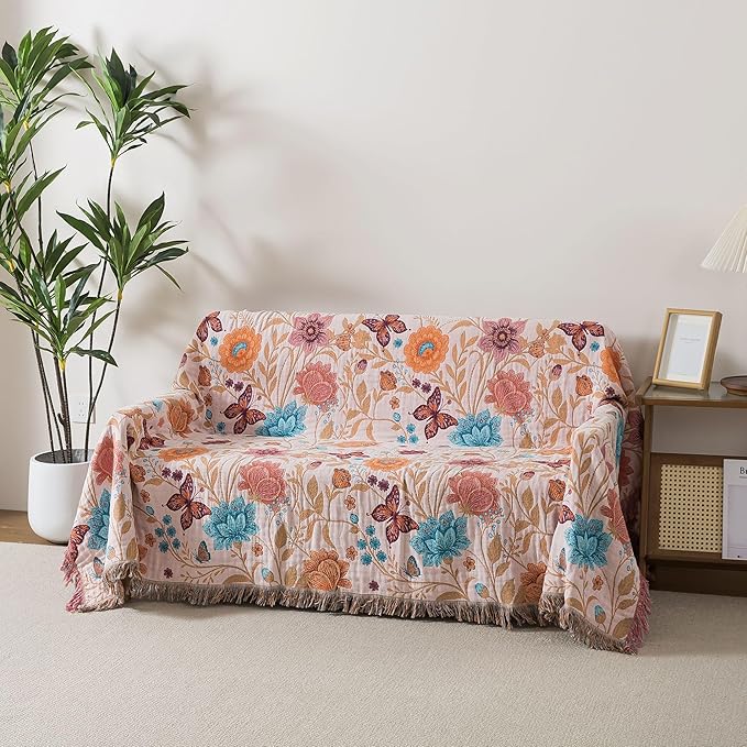 Boho Throw Blanket Twin Size, Soft Cozy Cotton Muslin Quilt Blanket for Bed Decor, Floral Patterned Couch Sofa Chair Cover, Vintage Farmhouse Cottage Tapestry Woven Blanket, Coral&Green
