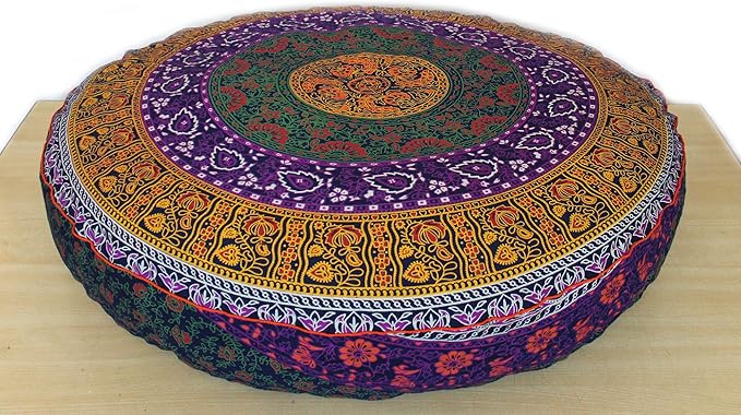 ICC Large Hippie Mandala Round Floor Pillow Cover Ottoman Pouf Cover Daybed Oversized Cotton Cushion Cover with Heavy Duty Zipper Seating Ottoman Poufs Dog-Pets Bed (Yellow 6 kaam Flower, 35" Round)