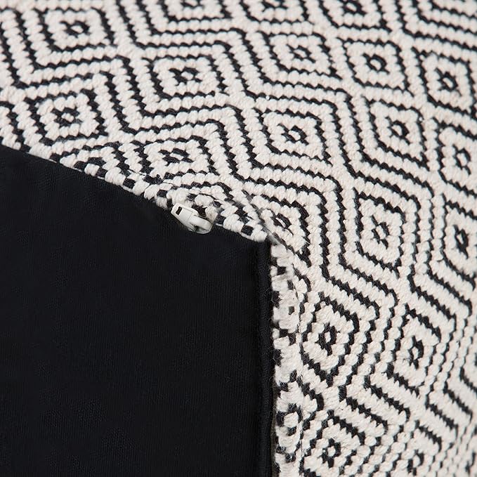 SIMPLIHOME Brynn Square Pouf - 18 inch Wide Handwoven Cotton Ottoman in Patterned Black and Natural, Boho Footstool, Coffee Table or Extra Seating for Living Room or Bedroom, Assembled