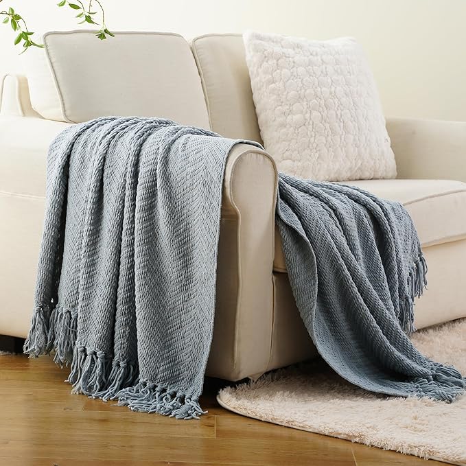 BATTILO HOME Blue Grey Throw Blanket for Couch, Chenille Knit Throw Blankets, Super Soft Dusty Blue Throw Blanket with Tassels for Bed,Sofa and Living Room,50" x 60"