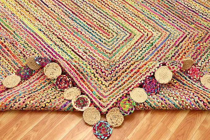 Square Area Rug - 3x3 Feet Multicolor Cape Code Chindi Cotton Jute Rug Geometric Kilim Rug Indoor Outdoor Use Carpet Flatweave Rugs for Bedroom Bedside Custom Mat Dining Table Mat