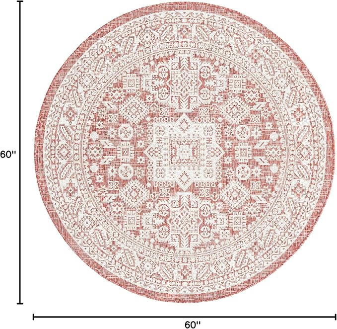 Rugs.com Outdoor Aztec Collection Rug – 5 Ft Round Rust Red Flatweave Rug Perfect for Kitchens, Dining Rooms