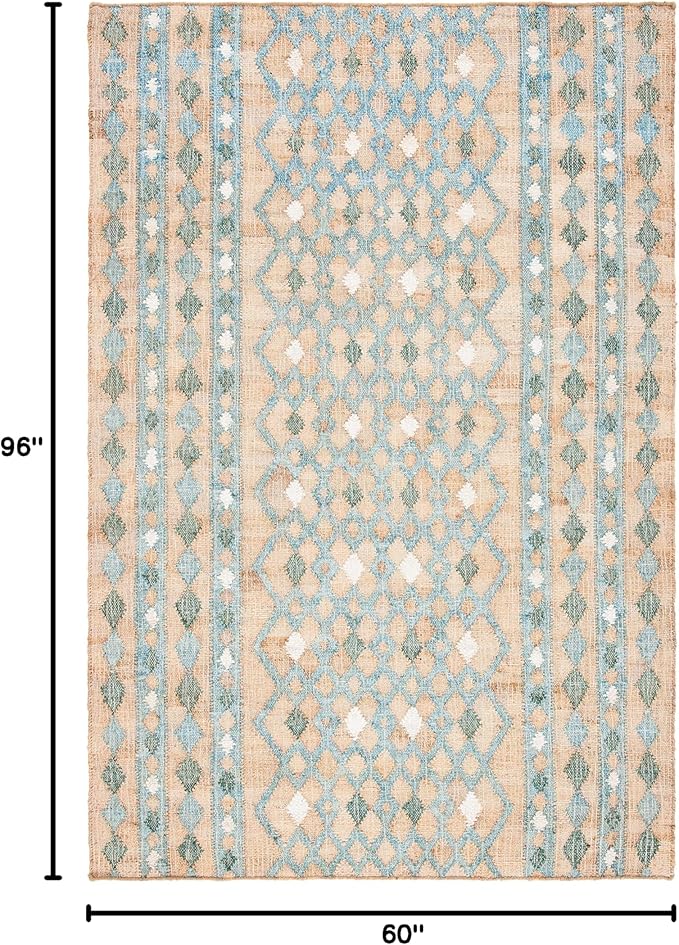 SAFAVIEH Kilim Collection Area Rug - 5' x 8', Natural & Blue, Flat Weave Jute Design, Ideal for High Traffic Areas in Living Room, Bedroom (KLM759M)