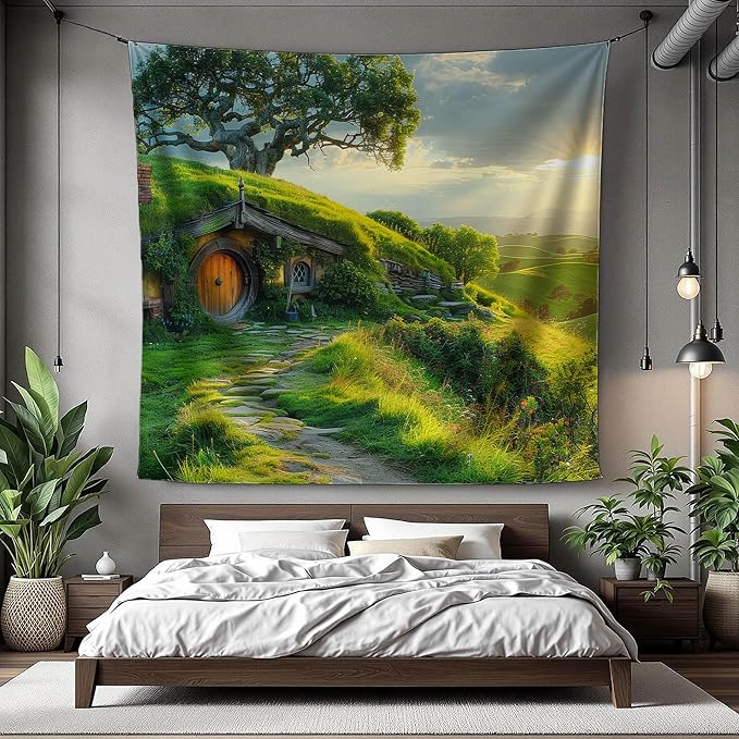 Xolytar Hobbit Style House Tapestry for Bedroom – Green Hill Garden Landscape Backdrop for Ring Lord Fans Party, Fantasy Birthday Decoration, Classroom Reading Corner Background (60x50)