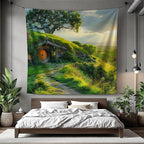 Xolytar Hobbit Style House Tapestry for Bedroom – Green Hill Garden Landscape Backdrop for Ring Lord Fans Party, Fantasy Birthday Decoration, Classroom Reading Corner Background (60x50)