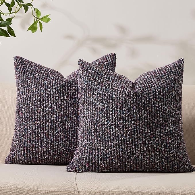 Decorative Couch Throw Pillow Covers 20x20 Set of 2 Purple Striped Soft Wool Pillow Covers Neutral Textured Boho Cushion Covers for Modern Farmhouse Sofa Bedroom Living Room Decor SY012-E20