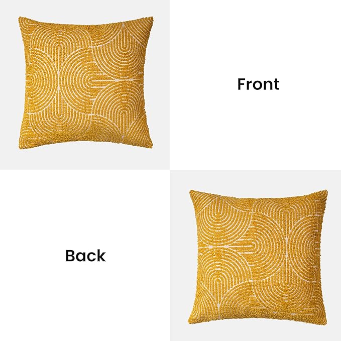AELS Boho Decorative Textured Throw Pillow Covers 22x22, Organic Modern Mid Century Rainbow Tufted Pillow Case, Farmhouse Rustic Geometric Woven Cushion Case for Bed Couch Sofa, Mustard Yellow
