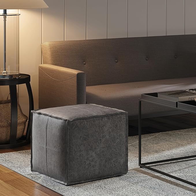 SIMPLIHOME Brody Square Pouf - 18 inch Wide Upholstered Vegan Leather Ottoman in Distressed Black, Boho Footstool, Coffee Table or Extra Seating for Living Room or Bedroom, Assembled