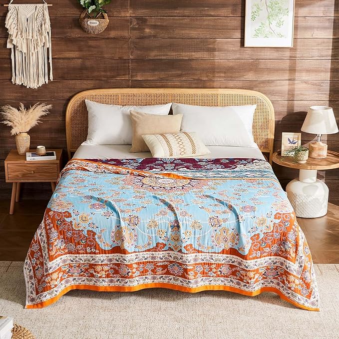 Boho Throw Blanket 100% Cotton Muslin Woven Blanket Bohemian Bed Throws Vintage Rustic Farmhouse Decor Reversible Bed Blanket Quilt for All Seasons（Yellow 60"x80"）