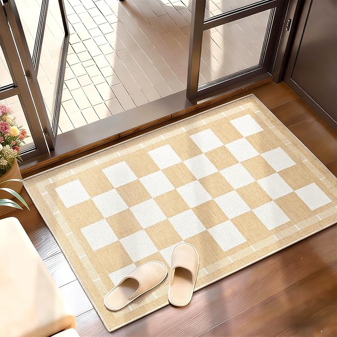 Vasofe Washable Small Entry Rug, 2x3 Checkered Jute Rugs Outdoor Indoor Front Door Mat, Non-Slip Bedroom Entrance Doorway Kitchen Mats, Plaid Farmhouse Porch Carpet, Khaki and White