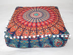 CRAFT KALA Large Hippie Mandala Meditation Floor Ottoman Pillow Cushion Pouf Cover Square Poufs Bohemian Circle Floor Cushion Case Outdoor Fireplace Yoga Living Room Decor Cover Orange, 18" Square
