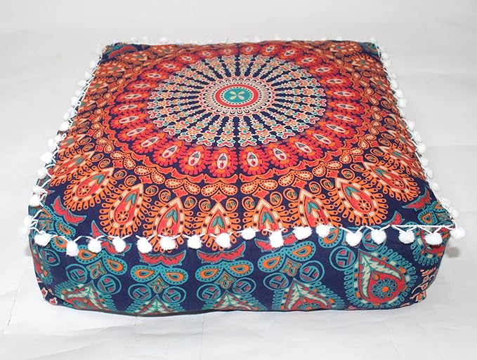 CRAFT KALA Large Hippie Mandala Meditation Floor Ottoman Pillow Cushion Pouf Cover Square Poufs Bohemian Circle Floor Cushion Case Outdoor Fireplace Yoga Living Room Decor Cover Orange, 18" Square