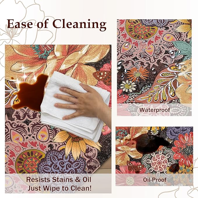 Boho Floral Kitchen Mats for Floor 2PCS Anti Fatigue Mats for Kitchen Floor Cushioned Non Slip Waterproof Memory Foam PVC Kitchen Rugs Set for Sink,Office,Laundry 17.3"x28"+17.3"x47"