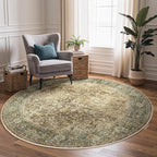 Bavni Round Rug 5ft-Machine Washable Area Rugs Non-Slip for Bedroom, 5x5 Vintage Floral Rug Distressed Throw Carpet for Living Room Nursery Kitchen Bathroom, Green