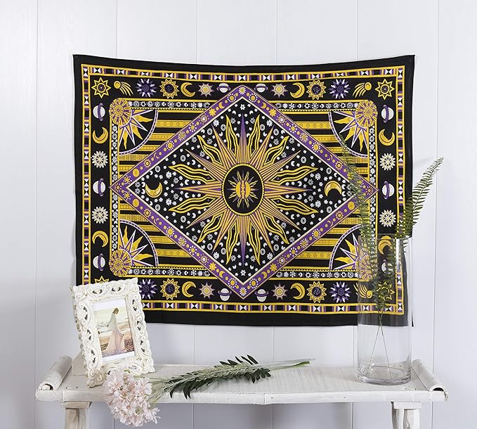 Popular Handicrafts Wall Hanging Tapestry For Bedroom Hippie Burning Sun and Moon Meditation Bohemian Hippy Psychedelic Design Indian Tapestries Bedspread 30 x 40 Inches (76 x 101 cms), Blue