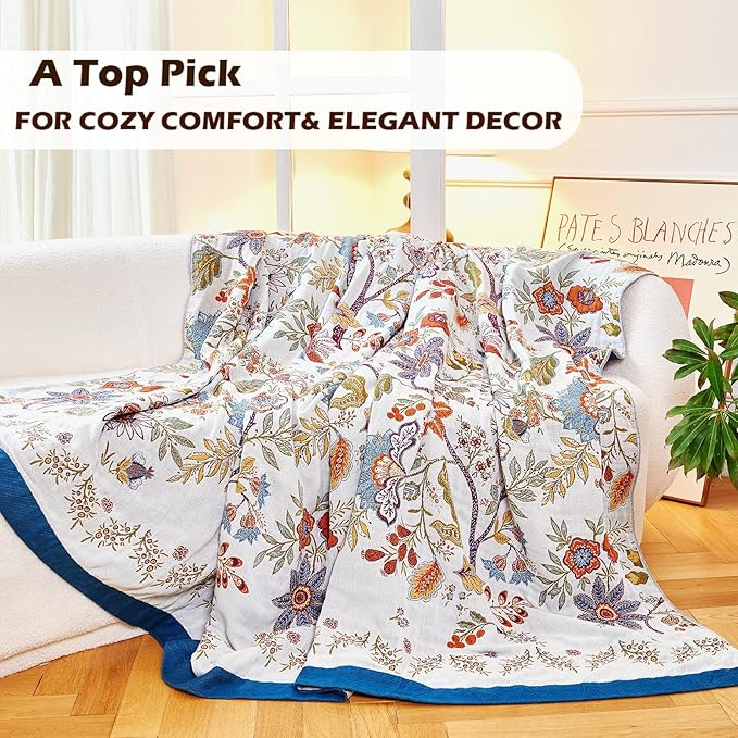 Boho Throw Blanket, 100% Organic Cotton Breathable Skin-Friendly Ultra Soft Bed Quilt Throw - All Season Floral Farmhouse Décor Luxury Blanket for Sofa Couch Chair and Gift. 80" x 90"