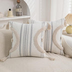 Boho Throw Pillow Covers 18x18 Set of 2 Cotton Woven Tufted Farmhouse Pillows Covers with Tassels Outdoor Neutral Beige Decorative Pillowcases Square Textured Accent Cushion Cases for Couch Bed Sofa