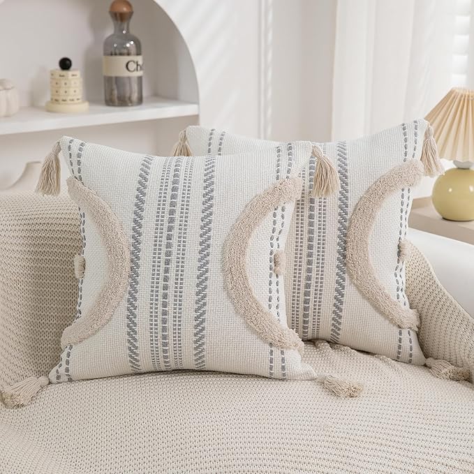 Boho Throw Pillow Covers 18x18 Set of 2 Cotton Woven Tufted Farmhouse Pillows Covers with Tassels Outdoor Neutral Beige Decorative Pillowcases Square Textured Accent Cushion Cases for Couch Bed Sofa