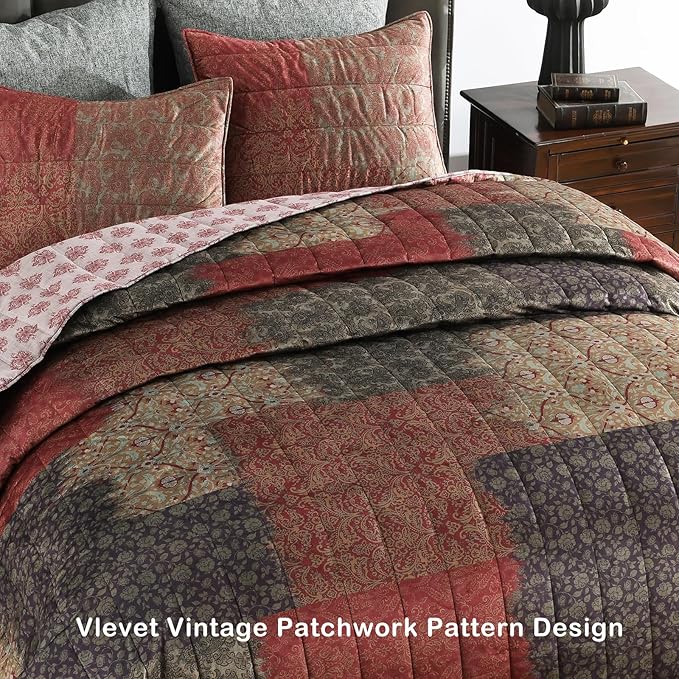 HORIMOTE HOME Velvet Patchwork Quilt King Size, Reversible Vintage Pattern Bedspread Luxury Cozy Vlevet Comforter 3-Pieces Coverlet Bedding Set for All Season (Burgundy)