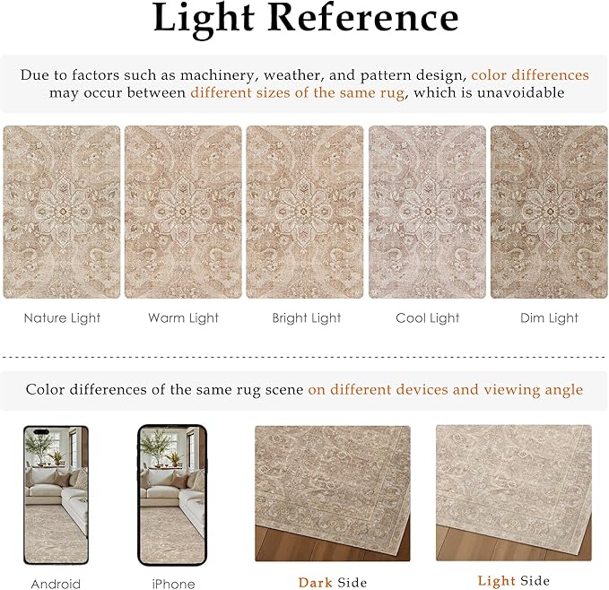 Brown 8x10 Area Rug Washable Living Room Vintage Carpet Bedroom Large Indoor Non Slip Soft Low Pile Thin Stain Resistant Distressed Accent Throw Rug for Dining Office Nursery