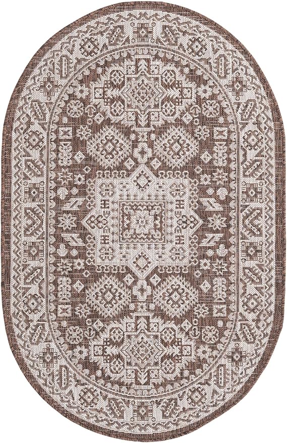 Rugs.com Outdoor Aztec Collection Rug – 3' x 5' Oval Brown Flatweave Rug Perfect for Living Rooms, Large Dining Rooms, Open Floorplans