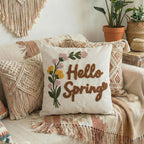 Hello Spring Tufted Pillow Cover with Embroidered Wild Flowers, Textured Floral Botanical Canvas Throw Pillow Case for Boho Easter Family Welcoming Decoration, 18x18 inches, 1PCS (Cover Only)