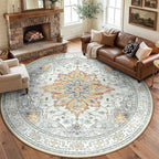 Area Rugs 8ft Washable Non-Slip, Floral Vintage Distress Print Pattern Medallion Carpet for Living Room Bedroom Dining Room, Light Yellow Carbon Grey Orange