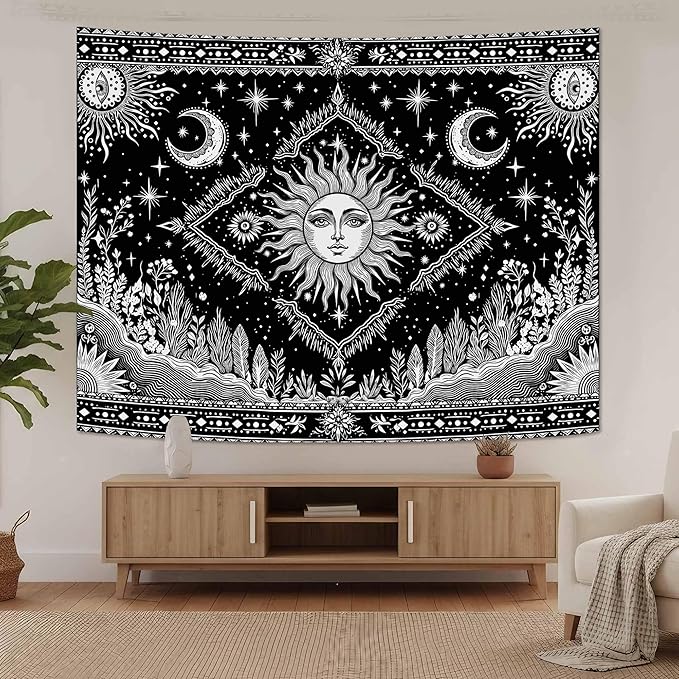 Accnicc Black and White Sun and Moon Tapestry Hippie Boho Celestial Wall Tapestry for Bedroom Aesthetic Vintage Plant Spiritual Small Tapestries Wall Hanging for Dorm Living Room Decor 60 x 44 Inch