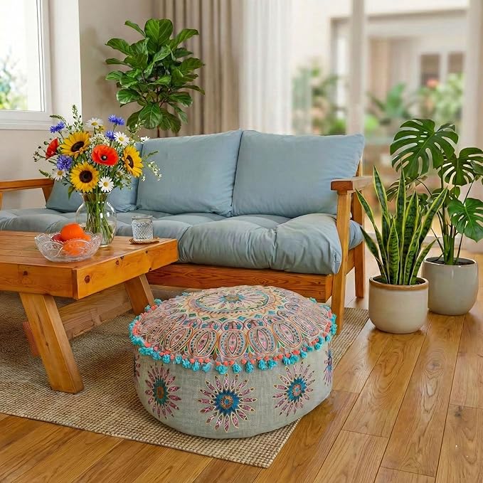 Mandala Life ART Moroccan Large Floor Pillow Cover with Tassels and Ponpon Bedroom Décor Round Pouf Ottoman Boho Chic Seating Area Beanbag Footstool Stool Cotton 24x8 Unstuffed