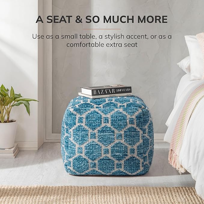 Anji Mountain Pouf Ottoman Foot Rest, Handmade Ottoman Pouf, Comfortable Foot Stool, Decorative Floor Seating for Living Room Decor, Bedroom & Home Décor Accent - Blue