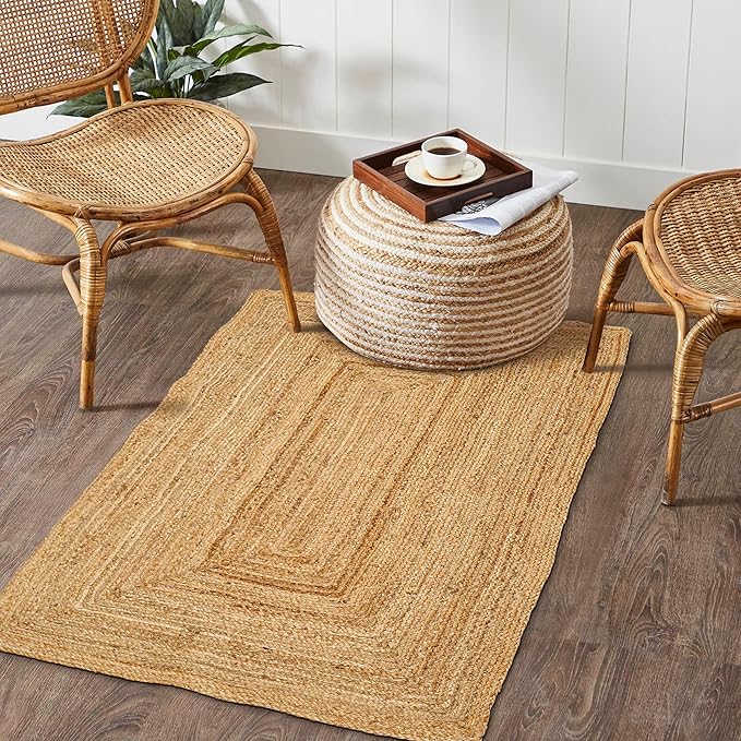 Hand Woven Jute Area Rug - 2’x3’ Feet - Rustic Beige Reversible Rectangular Rugs for Bedroom, Kitchen, Living Room - Vintage Natural Braided Entry Floor Décor Boho Jute Rug 2x3 Feet