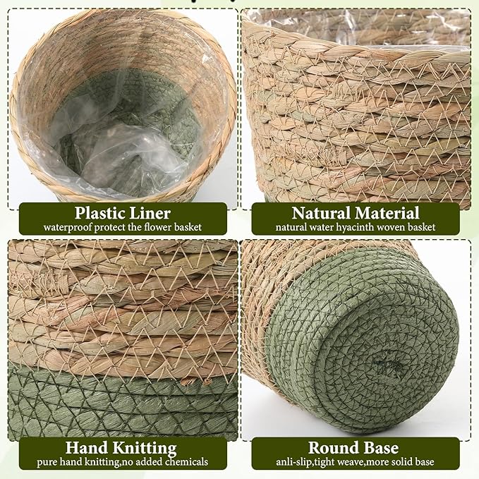 12 Pcs Seagrass Plant Basket with Plastic Liners Woven Stylish Planter Baskets Bulk Indoor Outdoor Plants Woven Wicker Baskets for Flower Pots Cover and Room Decor Small (Small,Farmhouse)