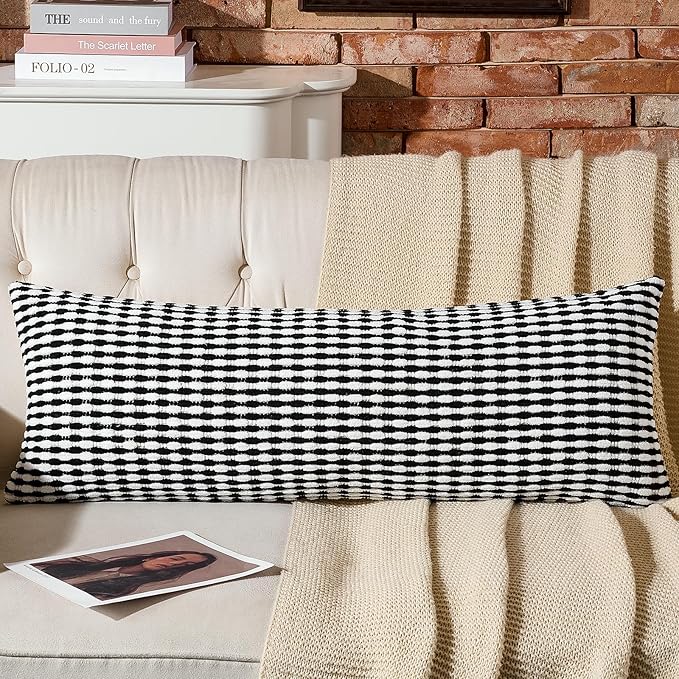 AmHoo Boho Chenille Pillow Cover Decorative Tufted Pillowcase for Couch Bed Sofa Bedroom Living Room Modern 14 x 36-Inch Black