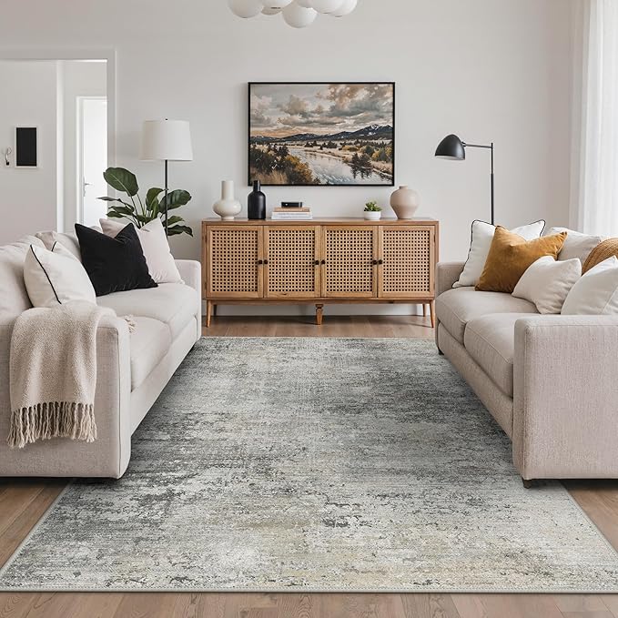 GENIMO Washable Rugs 5x7 Area Rugs for Living Room Bedroom, Modern Lightweight Rug Ultra Soft Indoor Area Rugs 5x7 for Dining Room, Low Pile Carpet with Non Slip Backing, Mist Grey