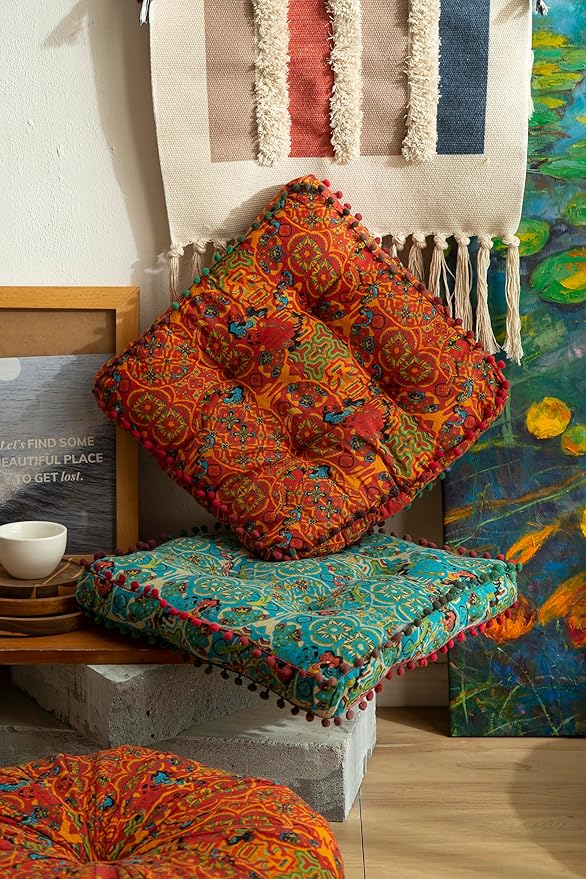 Moroccan Printed Square Chair Pads Cotton Linen Soft Comfort Chair Cushion Colorful Pompom Seat Cushions for Indoor Dining Room and Kitchen Chairs (Orange,16x16 Inch)